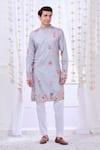 Buy_Taroob_Grey Silk Printed Kalamkari Floral Nizam Kurta Set  _at_Aza_Fashions