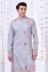 Taroob_Grey Silk Printed Kalamkari Floral Nizam Kurta Set  _Online_at_Aza_Fashions