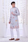 Shop_Taroob_Grey Silk Printed Kalamkari Floral Nizam Kurta Set  _Online_at_Aza_Fashions