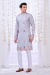 Taroob_Grey Silk Printed Kalamkari Floral Nizam Kurta Set  _at_Aza_Fashions