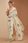 Buy_Neha Khullar_Ivory Viscose Chinon Printed Botanical And Stripe Saree & Blouse Set _Online_at_Aza_Fashions