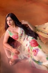 Neha Khullar_Ivory Viscose Chinon Printed Botanical And Stripe Saree & Blouse Set _Online_at_Aza_Fashions