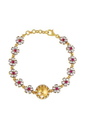 Shop_Tribe Amrapali_Gold Plated Pearls, Stones Hetvi Studded Floral Bracelet _at_Aza_Fashions