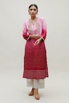 Naina Jain_Pink Silk Hand Embroidered Zardozi Notched Round Sarah Yoke Ombre Kurta _Online_at_Aza_Fashions