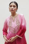 Naina Jain_Pink Silk Hand Embroidered Zardozi Notched Round Sarah Yoke Ombre Kurta _at_Aza_Fashions