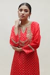 Naina Jain_Red Silk Hand Embroidered Zardozi Notched Sarah Yoke Long Kurta _at_Aza_Fashions