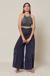 Buy_Samyukta Singhania_Blue Crepe Embroidery Thread Halter Neck Ambrosia Jumpsuit _at_Aza_Fashions