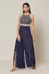 Buy_Samyukta Singhania_Blue Crepe Embroidery Thread Halter Neck Ambrosia Jumpsuit _Online_at_Aza_Fashions