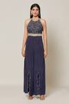 Samyukta Singhania_Blue Crepe Embroidery Thread Halter Neck Ambrosia Jumpsuit _at_Aza_Fashions