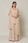 Buy_Samyukta Singhania_Beige Net Embroidery Sequin Square Neck French Bloom Kurta Sharara Set_at_Aza_Fashions