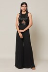 Buy_Samyukta Singhania_Black Georgette Embroidery Nalki Halter Neck Synodic Jumpsuit_at_Aza_Fashions