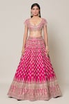 Samyukta Singhania_Pink Raw Silk Embroidery Gota Patti Leaf Neck Gullista Bridal Lehenga Set_Online_at_Aza_Fashions