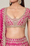 Buy_Samyukta Singhania_Pink Raw Silk Embroidery Gota Patti Leaf Neck Gullista Bridal Lehenga Set_Online_at_Aza_Fashions