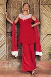 Buy_Megha Pitti_Red Crepe Embroidery Cutdana Round Neckline Kurta Set _at_Aza_Fashions