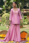 Buy_Megha Pitti_Pink Tissue Embroidery Zardozi Blunt V Neck Scallop Neckline Kurta Sharara Set _at_Aza_Fashions