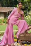 Megha Pitti_Pink Tissue Embroidery Zardozi Blunt V Neck Scallop Neckline Kurta Sharara Set _at_Aza_Fashions