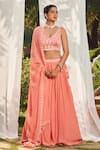 Buy_Megha Pitti_Peach Crepe Embroidered Pearl Leaf Lehenga Set _at_Aza_Fashions