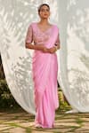 Buy_Megha Pitti_Pink Satin Georgette Embroidered Pearl Leaf Pre-draped Saree With Blouse _at_Aza_Fashions