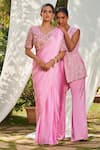 Megha Pitti_Pink Satin Georgette Embroidered Pearl Leaf Pre-draped Saree With Blouse _Online_at_Aza_Fashions