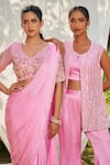 Buy_Megha Pitti_Pink Satin Georgette Embroidered Pearl Leaf Pre-draped Saree With Blouse _Online_at_Aza_Fashions