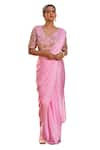 Megha Pitti_Pink Satin Georgette Embroidered Pearl Leaf Pre-draped Saree With Blouse _at_Aza_Fashions