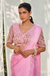 Megha Pitti_Pink Satin Georgette Embroidered Pearl Leaf Pre-draped Saree With Blouse _Online