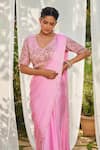 Buy_Megha Pitti_Pink Satin Georgette Embroidered Pearl Leaf Pre-draped Saree With Blouse _Online