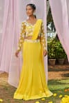 Megha Pitti_Yellow Georgette Embroidered Sequin V Neck Floral Pre-draped Saree With Blouse _Online_at_Aza_Fashions