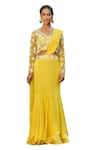 Buy_Megha Pitti_Yellow Georgette Embroidered Sequin V Neck Floral Pre-draped Saree With Blouse 