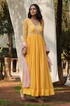 Buy_Megha Pitti_Yellow Georgette Embroidered Pearl V Neck Anarkali With Dupatta _at_Aza_Fashions