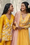 Megha Pitti_Yellow Georgette Embroidered Pearl V Neck Anarkali With Dupatta _Online_at_Aza_Fashions