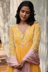 Buy_Megha Pitti_Yellow Georgette Embroidered Pearl V Neck Anarkali With Dupatta 