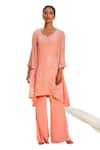 Shop_Megha Pitti_Peach Crepe Embroidered Sequin Leaf And Cutdana Tunic & Flared Pant Set _Online_at_Aza_Fashions