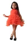 CASA NINOS_Peach Net Ruffled Pintucked Yoke Dress _at_Aza_Fashions