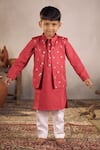 Shop_Vivedkids_Red Cotton Satin Embroidery Sequin Bloom Bundi Kurta Set _at_Aza_Fashions