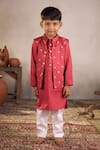 Vivedkids_Red Cotton Satin Embroidery Sequin Bloom Bundi Kurta Set _Online_at_Aza_Fashions