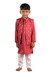 Buy_Vivedkids_Red Cotton Satin Embroidery Sequin Bloom Bundi Kurta Set _Online_at_Aza_Fashions