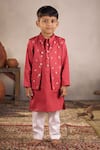 Shop_Vivedkids_Red Cotton Satin Embroidery Sequin Bloom Bundi Kurta Set _Online_at_Aza_Fashions