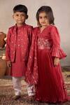 Shop_Vivedkids_Red Cotton Satin Embroidery Sequin Bloom Bundi Kurta Set 