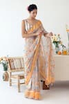 Shop_Baise Gaba_Off White Saree Chiffon Printed Floral V-neck Reveree With Blouse _at_Aza_Fashions