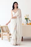 Buy_Baise Gaba_Off White Saree Chiffon Print Polka Dot V Neck Ode With Blouse  _at_Aza_Fashions