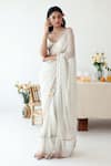 Baise Gaba_Off White Saree Chiffon Print Polka Dot V Neck Ode With Blouse  _Online_at_Aza_Fashions