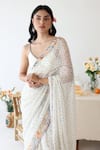 Shop_Baise Gaba_Off White Saree Chiffon Print Polka Dot V Neck Ode With Blouse  _Online_at_Aza_Fashions