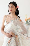 Shop_Baise Gaba_Off White Saree Chiffon Print Polka Dot V Neck Ode With Blouse  