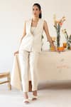 Buy_Baise Gaba_Off White Rayon Moss Print Polka Dot Blazer Lapel Dainty Pant Set  _at_Aza_Fashions