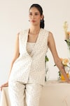 Baise Gaba_Off White Rayon Moss Print Polka Dot Blazer Lapel Dainty Pant Set  _Online_at_Aza_Fashions