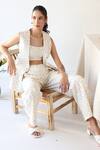 Shop_Baise Gaba_Off White Rayon Moss Print Polka Dot Blazer Lapel Dainty Pant Set  _Online_at_Aza_Fashions