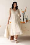 Buy_Baise Gaba_Off White Chiffon Print Polka Dot V Neck Melody Dress  _at_Aza_Fashions