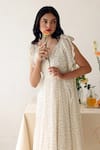 Baise Gaba_Off White Chiffon Print Polka Dot V Neck Melody Dress  _Online_at_Aza_Fashions