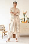 Buy_Baise Gaba_Off White Rayon Moss Print Stripe Notched Neck Sepia Kurta With Pant  _at_Aza_Fashions